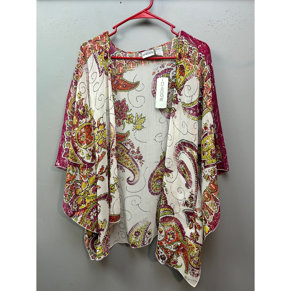 Chico's Kimono Womens 2/3 Pink Moroccan Paisley Jilina 3/4 Sleeve Open Front NEW